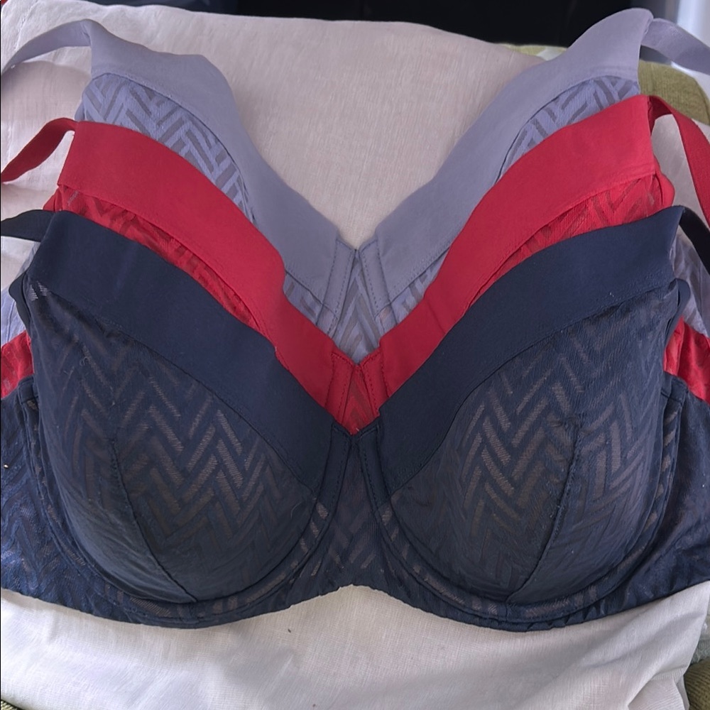 Three ThirdLove 34D Chevron Contour Demi Bra Blue, Red, Navy